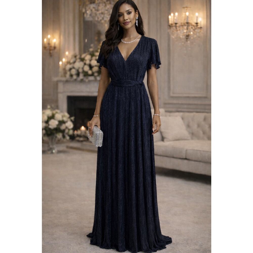 Women’s Size 10 Halston Metallic Jersey Gown Evening Dress Navy NWT